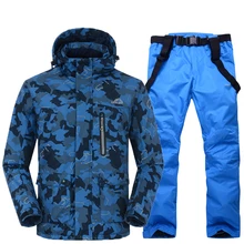 Men Snow suit sets outdoor sports ski suit sets snowboarding Skiing clothing -30 winter Costumes Camouflage jacket +bib pant