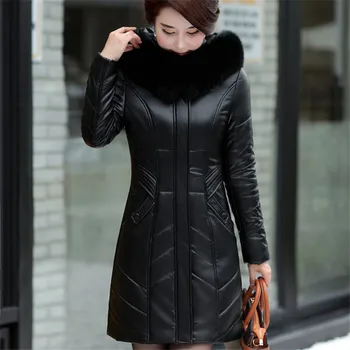 

2019 New Winter Middle aged Women Jacket Fashion Fur Collar Hooded Leather Jacket Women Winter Down Cotton Leather Coat Ds50280