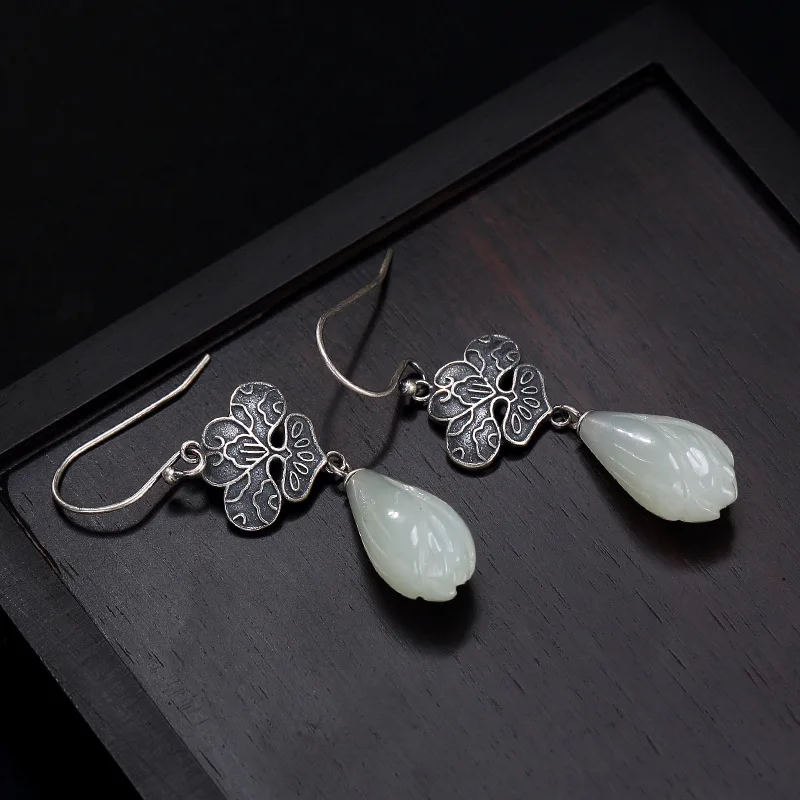 S925 чистого серебра, инкрустированные натуральный restoring ancient ways MS сорта хотанской(hetian) нефрита цветок магнолии подвеска с лотосом серьги оптом