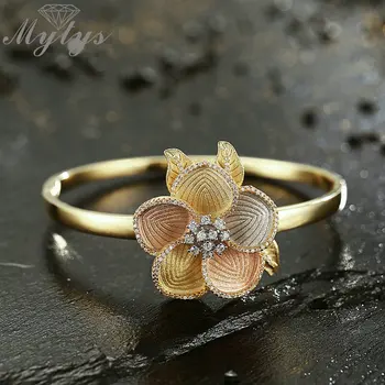 

Mytys Western Fashion Design Three Gold Bangle for Women Sandblasting Frosted Flower Bangles Shining Mirco CZ Setting B1105
