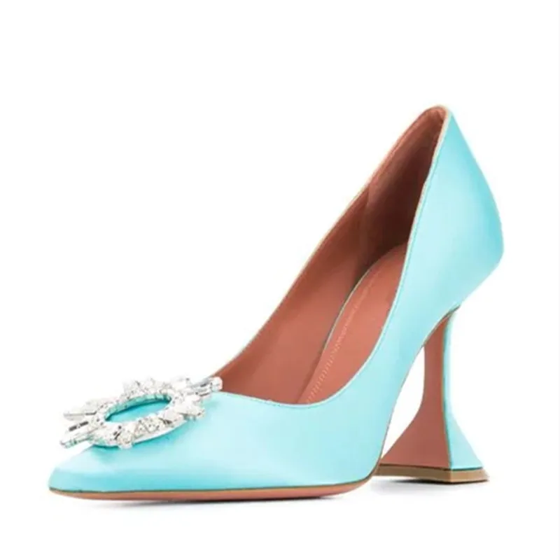 Бирюзовый цвет; обувь синего цвета атласные женские туфли-лодочки босоножки на высоком каблуке, острый носок деловые, вечерние туфли Для женщин значок с кристаллом украшенные свадебные туфли размера плюс
