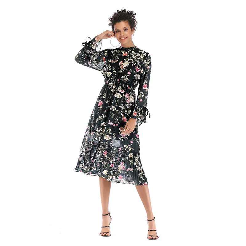 

European and American women's dress long-sleeved tie with chiffon blue dresses long-length large-scale chopped flower dress