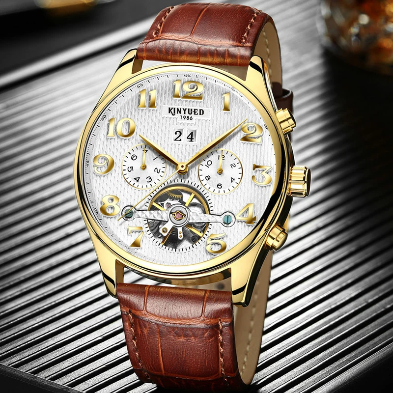 KINYUED брендовые механические часы для мужчин, автоматические часы с турбийоном, мужские часы с золотым календарем, наручные часы Relogio Mecanico