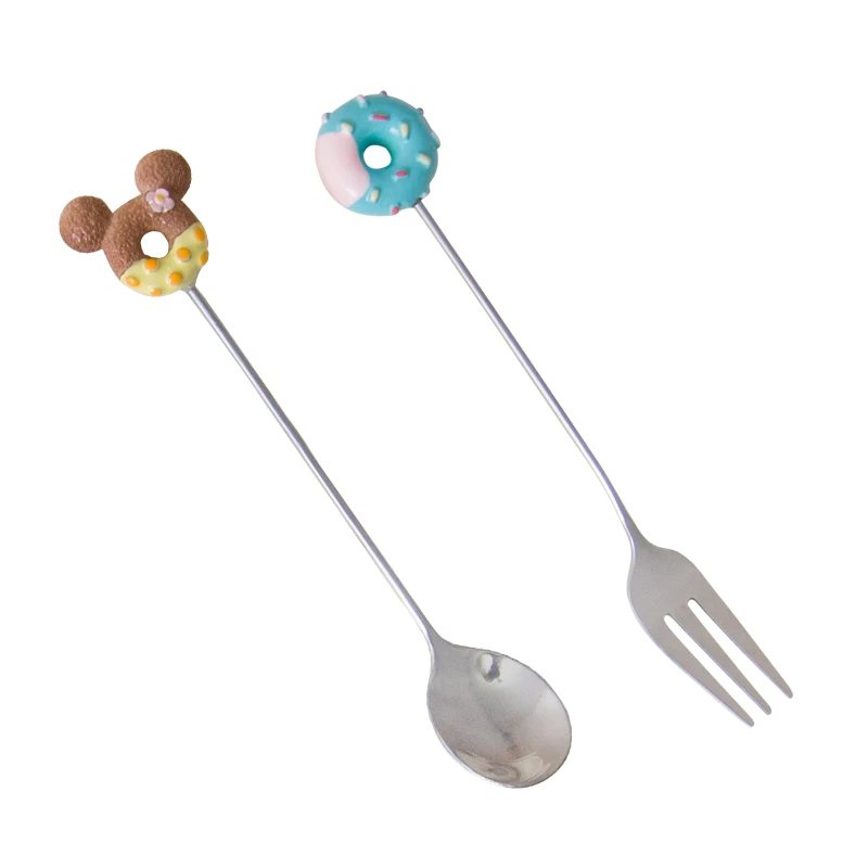 304 Stainless Steel Doughnut Spoon Fork Coffee Dessert Tea Ice Cream Spoons Forks Stirring Candy Cute Cartoon Teaspoon