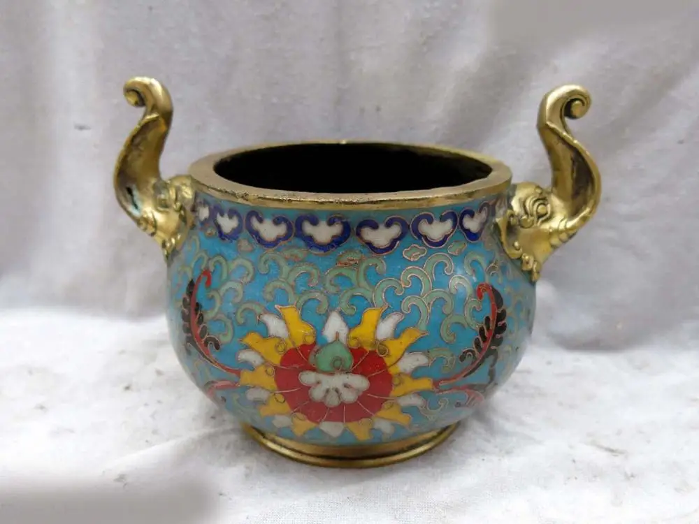 

China handmade bronze gild Cloisonne censer carved two elephant incense burner (D0426)
