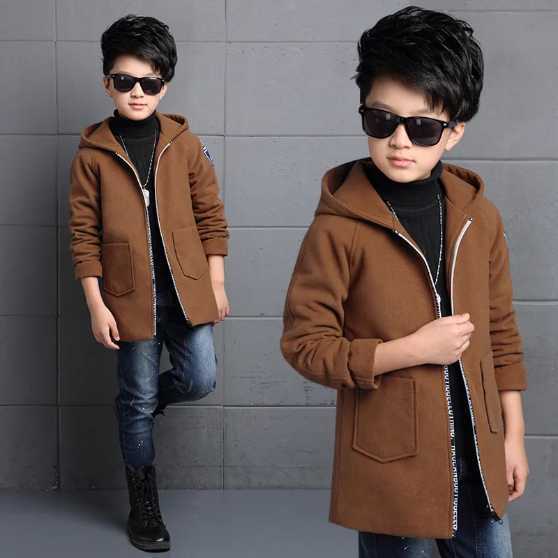 Шерстяное утепленное пальто для мальчиков; зимнее пальто для мальчиков; модная однотонная куртка; детское шерстяное пальто с капюшоном; детская верхняя одежда