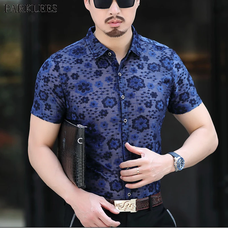 

Men's Sexy See Through Fishnet Lace Shirts Slim Fit Floral Embroidery Transparent Dress Shirt Male Party Event Prom Social Shirt