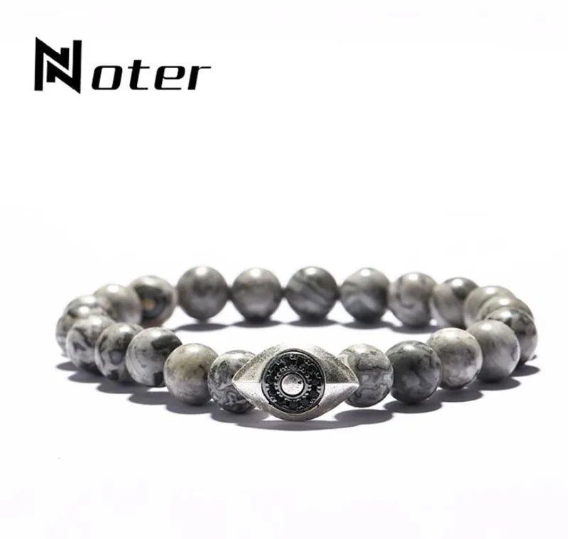 

Minimalist 8mm Bead Natural Stone Bracelet Gothic Evil Eyes Men Braslet Vintage Silver Color Metal Braclet For Male Accessories