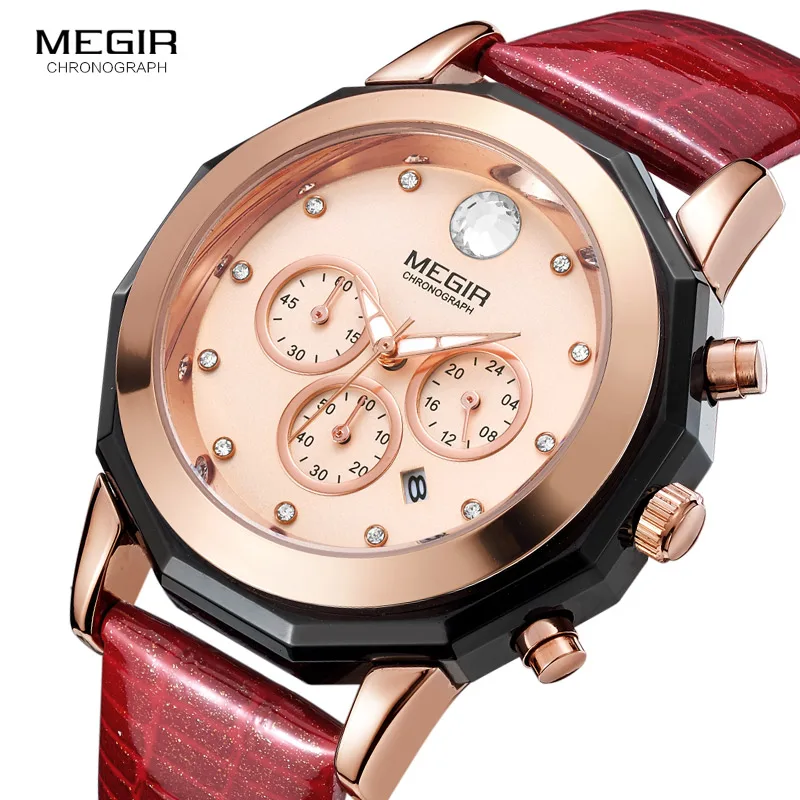 Women's 24 Hour Chronograph Quartz Wrist Watches Red Leather Strap Stop Watch for Lady Girl Friend Relogios Femininos 2042Red Women's 24 Hour Chronograph Quartz Wrist Watches Red Leather Strap Stop Watch for Lady Girl Friend Relogios Femininos 2042Red