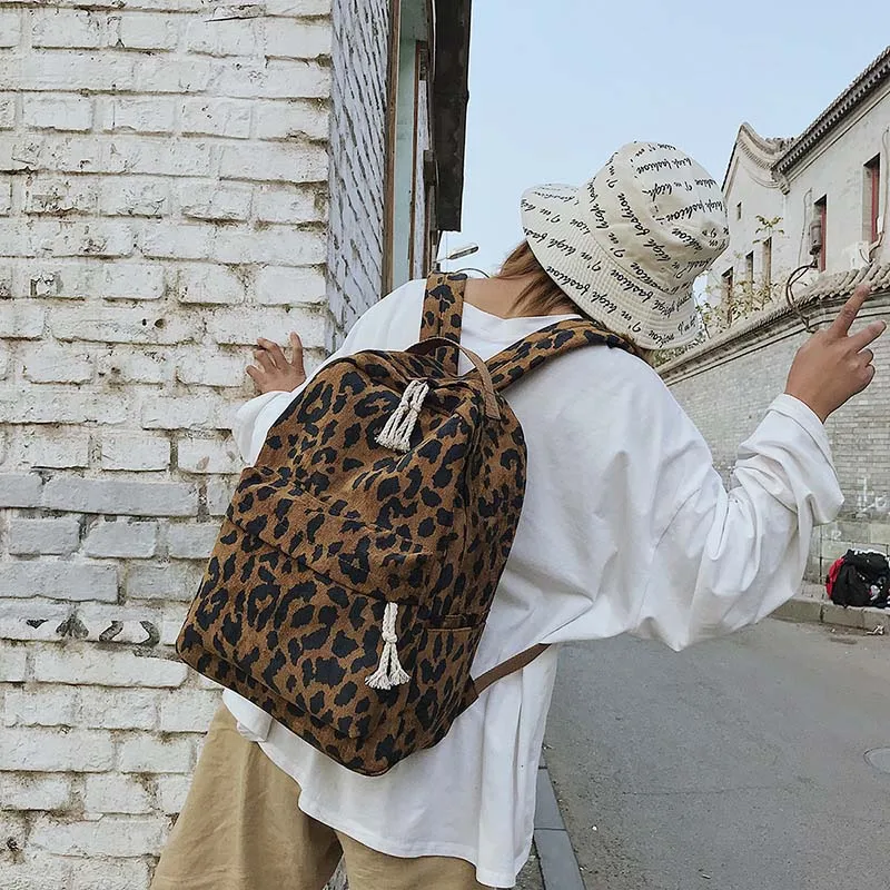  Fashion Female Backpack Leopard Print Corduroy Dual-Straps Woman Travel Backpack Large Capacity Gir - 32957467382