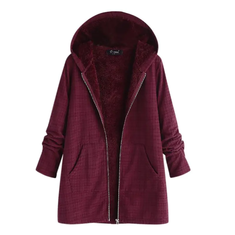 

Plus Size 5XL Women Winter Coat Cotton Plaid Pocket Clothing Warm Plus Velvet Office Lady Coats Hooded Girl Female Overcoat