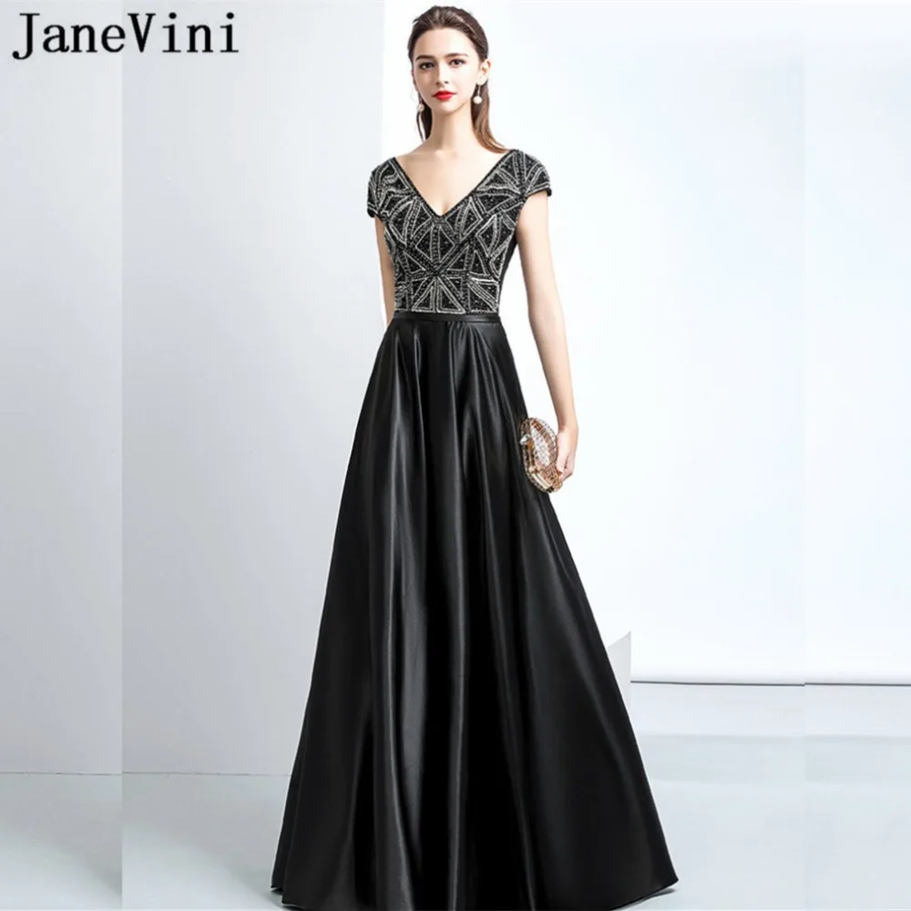 

JaneVini Sexy V-Neck Beaded Mother of the Bride Dresses for Weddings Cap Sleeve Rhinestone Satin Evening Party Dress Gala Jurken