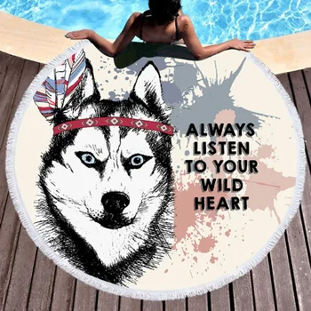 

Round Microfiber Beach Towel Husky Dog Head 59inch Diameter Beach Throw Blanket With Fringe Tassel Picnic Throw Mat