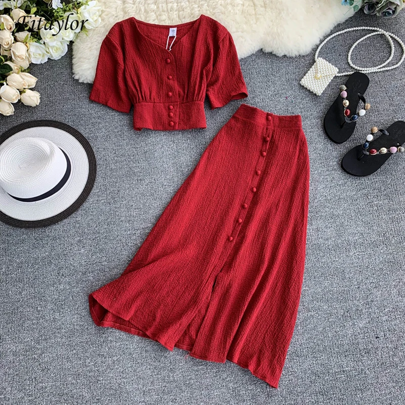 

Fitaylor New Women Two Piece Set Summer V Neck Short Sleeve Tunic Waist Crop Tops + High Waist Long Skirt Suits