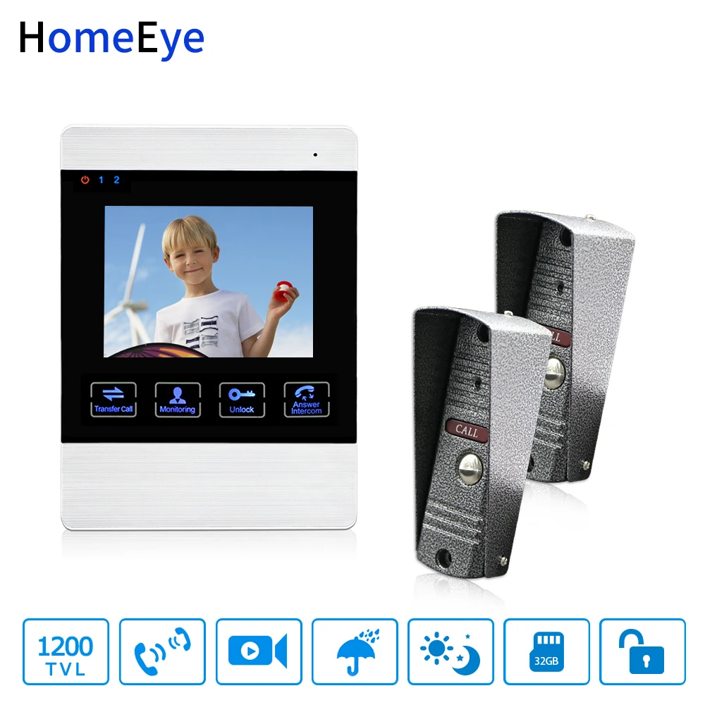 

HomeEye 4-Wired Video Door Phone Video Intercom Touch Button Doorbell Camera 4'' Monitor Video Record OSD Menu 2-1 Access System