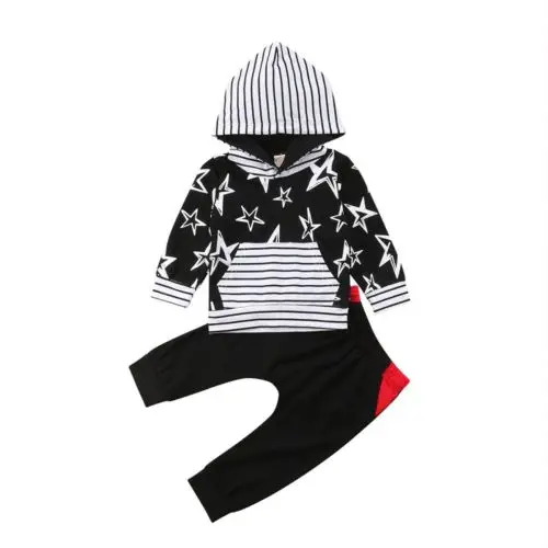 Cute Stylish Toddler Infant Baby Boy Stars Striped Long Sleeve Hoodie Top Sweatsuit Pants Outfit Set