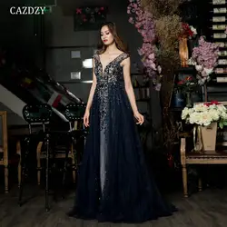CAZDZY ручной Бисер Темно-синие с поездом вечернее платье длинное вечернее платье Diamond Crystal Blackless тюль женщина торжественное платье 2018