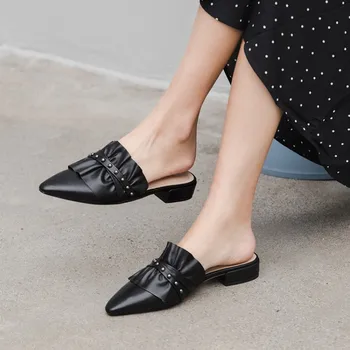 

MLJUESE 2019 women slippers Cow leather summer string bead pointed toe slip on low heels beaches sandals party wedding dress