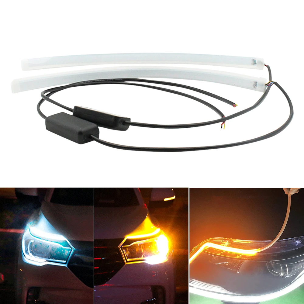 

2pcs Car DRL Turn Signal Light Strip Amber Sequential Switchback LEDs Tube Lamp DIY led Headlight Strip Daytime Running Lights