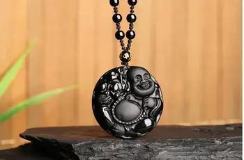 

Koraba Fine Jewelry 100% Natural Black Obsidian Hand Carved Maitreya Pendant Beads Necklace Free Shipping
