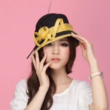 2017 Vintage Frauen Stroh Derby Kirche Hochzeit Cocktail-abend-partei strand Hut Fedora Wide Brim Berets Blume Sonne Kleid Top