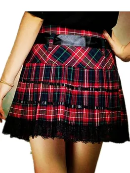 

Summer Autumn Girls A line Scotland Skirt Red Kilt Pleated Plaid Skirt Teen Girls Women Lace Bow-tie Dance Skirts