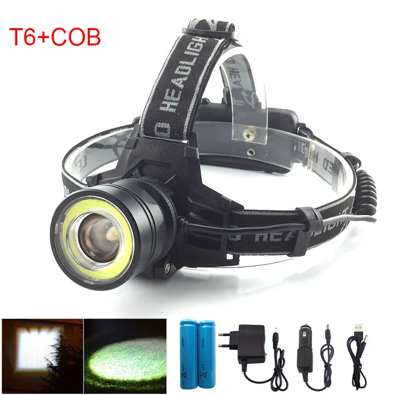 Beste 2 manier Hoge Krachtige COB T6 LED Koplamp Fakkel Hoofd Licht lamp Lantaarn Front Zaklamp Outdoor Camping Vissen Riding