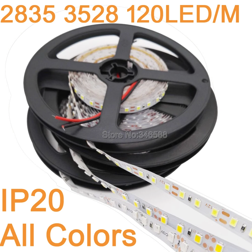 5 м/лот IP20-Водонепроницаемый 3528 2835 SMD 600LED свет ленты Клейкие ленты 120LED/M Warmwhite холодный белого и синего цвета зеленый красный светодиод в полоску - изображение