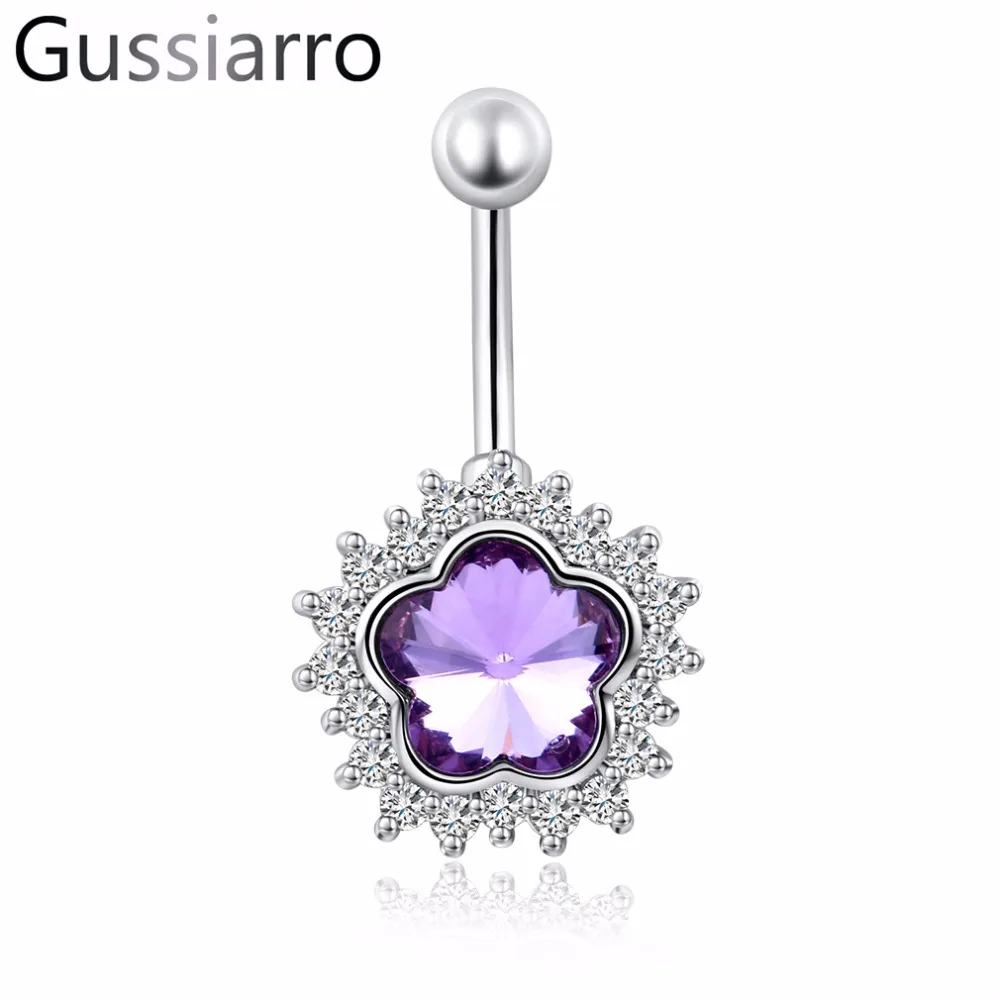 

Gussiarro Flower Belly Button Rings Body Jewelry Navel Piercing Clear Red Purple Crystal Belly Navel Barbell Ring Body piercing
