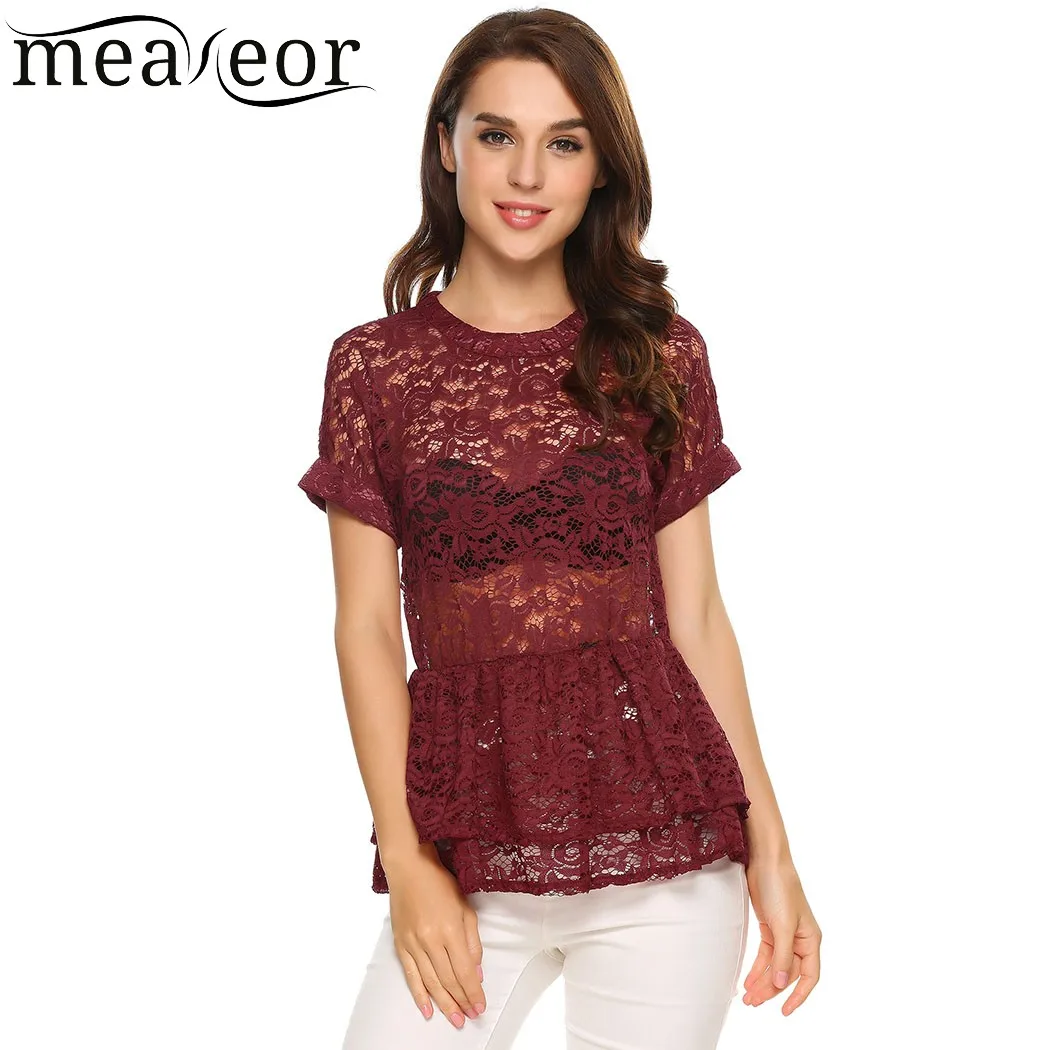 Meaneor Floral Lace Hollow Out Ruffle T-Shirt See-through Elastic Band Double Layers Pleated Women T-shirts Elegant Sexy T-shirt Meaneor Floral Lace Hollow Out Ruffle T-Shirt See-through Elastic Band Double Layers Pleated Women T-shirts Elegant Sexy T-shirt
