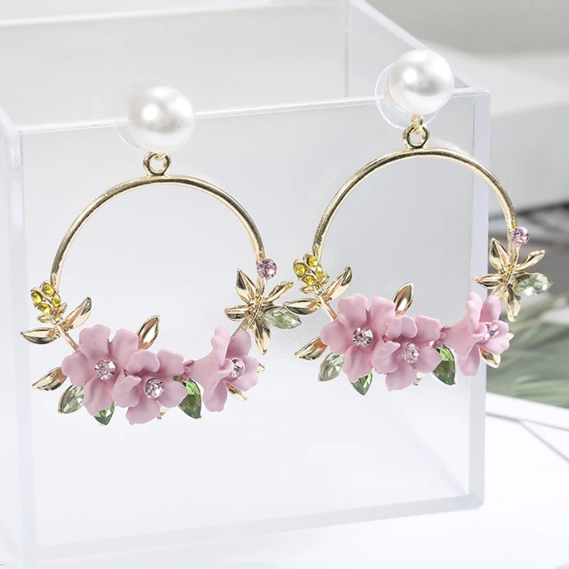 

New Elegant Big Circle Flower Drop Earrings For Women Fashion Simulated Pearl Rhinestone Boucle D'oreille