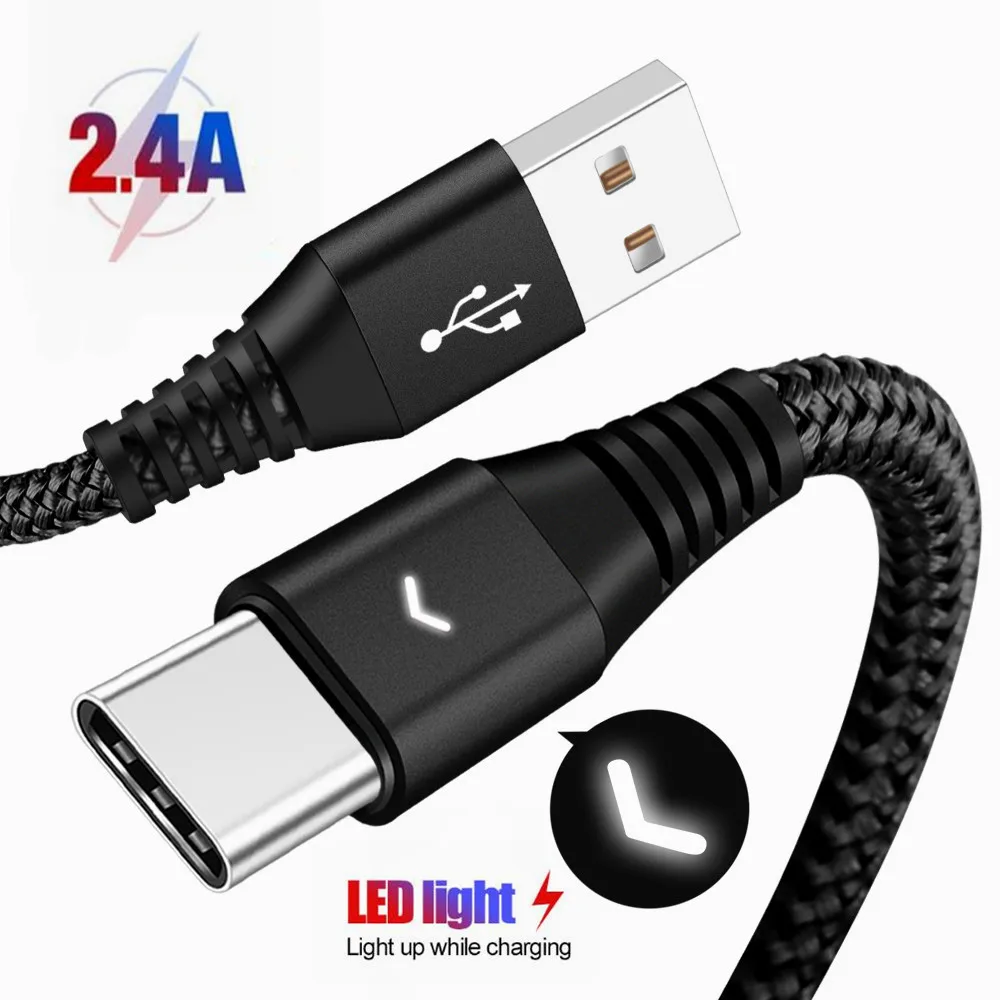 

LED Lighting Charger Cable For iPhone X 8 7 Fast Charging Charger 2.4A USB C Cable For Samsung S9 S8 Xiaomi Mi8 Huawei Micro USB