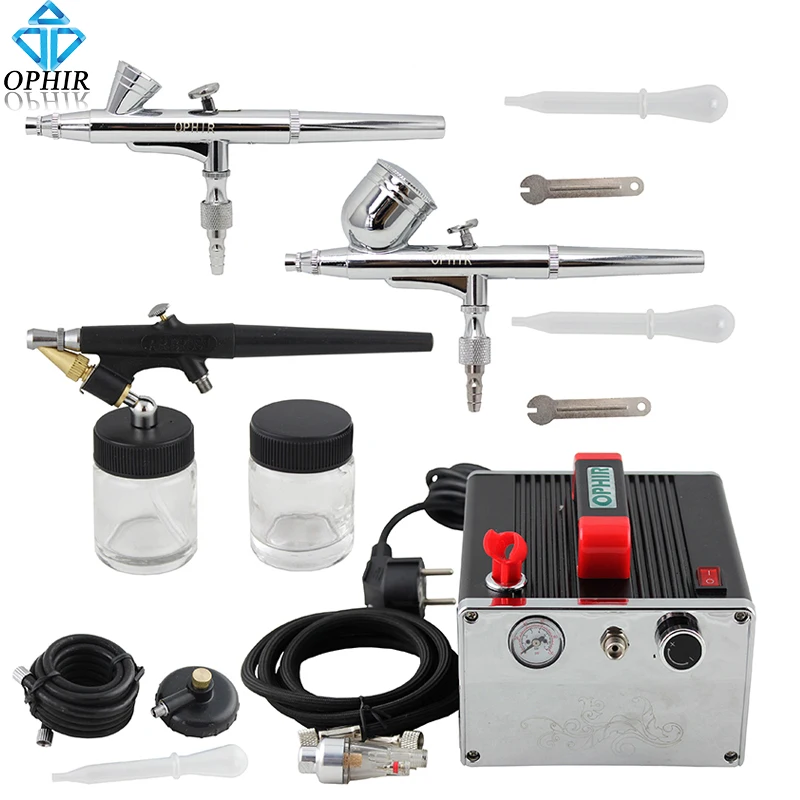 

OPHIR 3 Dual-Action & Single-Action Airbrush Kits with Air Compressor Spray Gun Paint for Handicrafts Hobby_AC091+004A+071+073