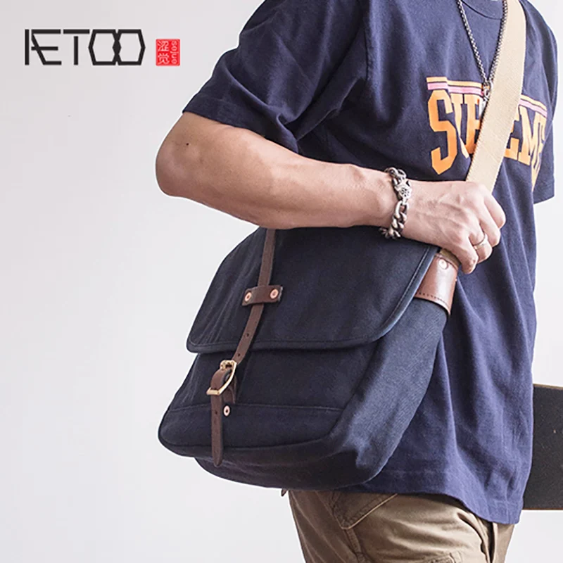 

AETOO Heavy texture retro canvas bag male fashion shoulder oblique carry postman bag