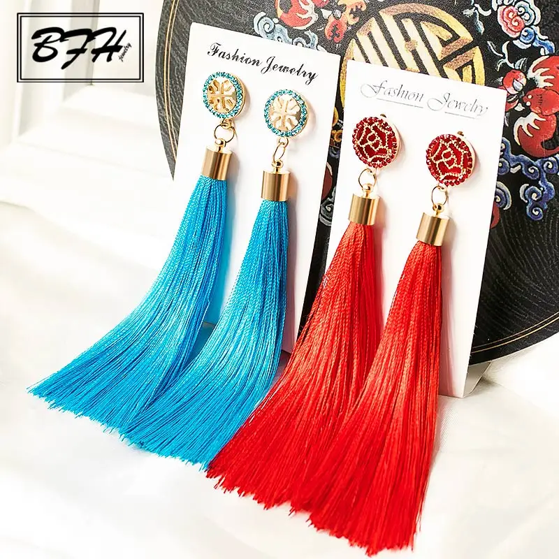 

BFH Vintage Long Tassel Drop Earrings for Women Wedding Fashion Woman Earrings Rhinestone 2019 Bohemia Crystal Earring Jewelry