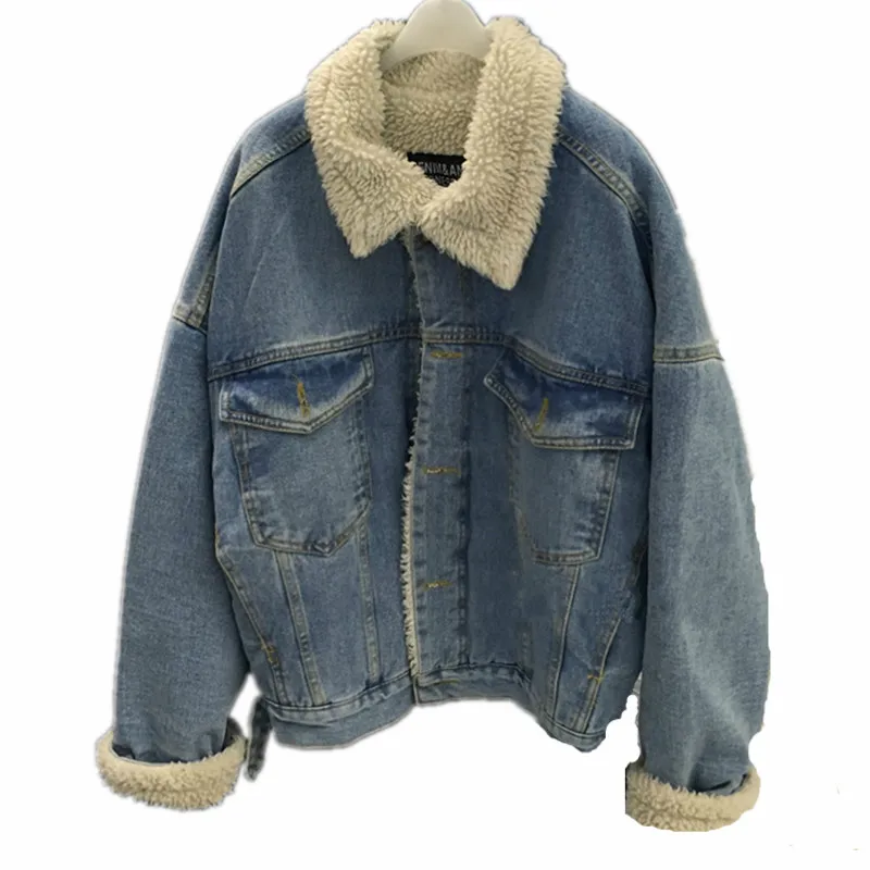 

Cowboy lambskin denim jacket coat female 2019 new Korean retro loose lapel and velvet thick biker bomber jean jacket cotton coat