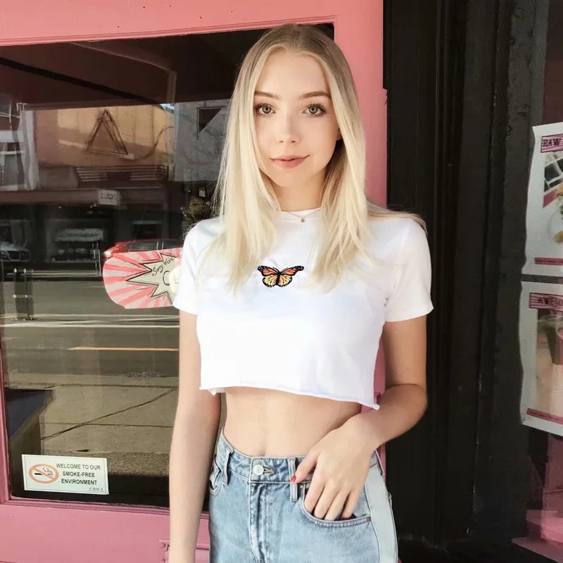 

Vogue Women Summer Harajuku Streetwear Crop Top Embroidery Butterfly Cotton White t shirt Short Sleeve t shirt tops tee shirt