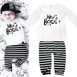 Осенний детский комплект одежды для новорожденных с длинными рукавами для маленьких мальчиков футболка с буквенным принтом + полосатые