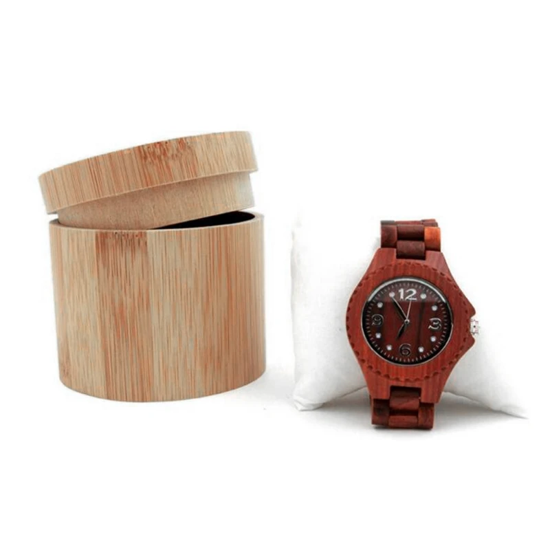 Элегантный бамбуковые часы Подарочная коробка ювелирных изделий дисплей цилиндрический чехол для хранения с подушкой N11_C