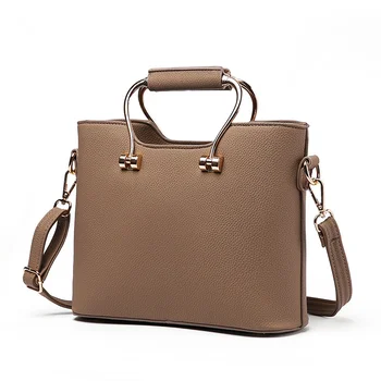 

Elegant PU Women Handbag Office Lady Clutch Tote High Quality Metal Handle Khaki Crossbody