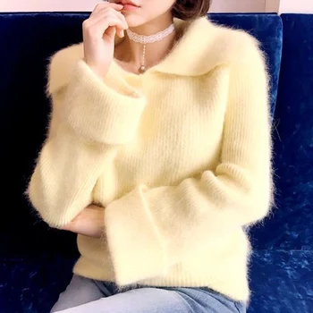 

New 2018 Autumn Winter Women Mink Cashmere Sweater Fashion Yellow Knitting Flare Sleeve Ladies Casual Loose Warm Soft Pullovers