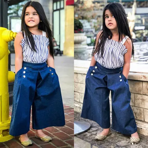 

2018 New Arrival Summer Kids Girls Casual 2Pcs Baby Girl Vertical Striped Tops+Denim Loose Wide Leg Pants Jeans Children Clothes