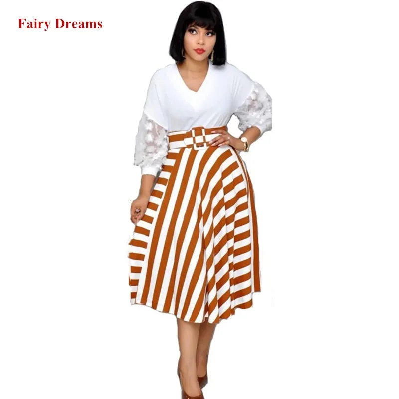

African Dresses For Women Summer Office Ladies Shirt Dress Hijab Striped White Patchwork Plus Size African Clothing Fairy Dreams