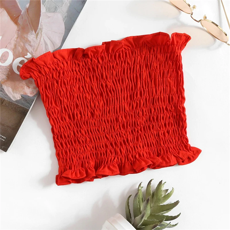 COLROVIE Neon Red Shirring корейский бюстгальтер Bandeau Топ женский Лето Черный без рукавов, приталенная Сексуальная футболка, рубашки Boho женские топы