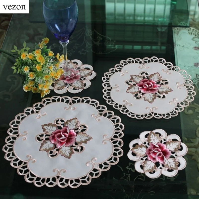 Vezon популярный вышитый стол ткань элегантный полиэстер атласная Цветочная скатерть с вышивкой Роза скатерти покрытие накладки дома