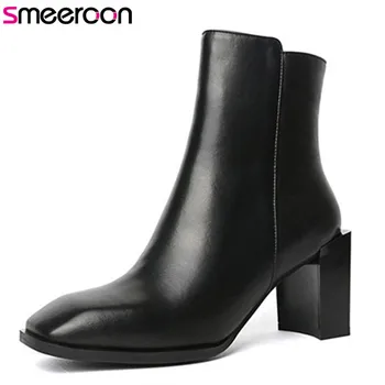 

Smeeroon cow genuine leather boots high heels autumn winter boots zip square toe ankle boots for women wedding shoes