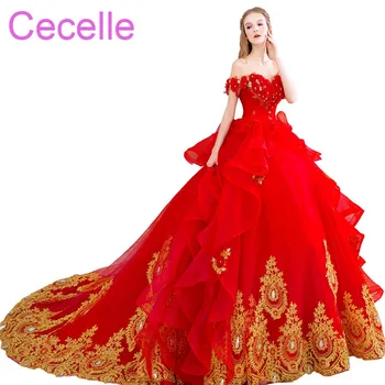 

Red Gold Ball Gown Wedding Dresses Off the Shoulder Lace Up Colorful Wedding Gowns 2019 Non White Robe De Mariee New Arrival