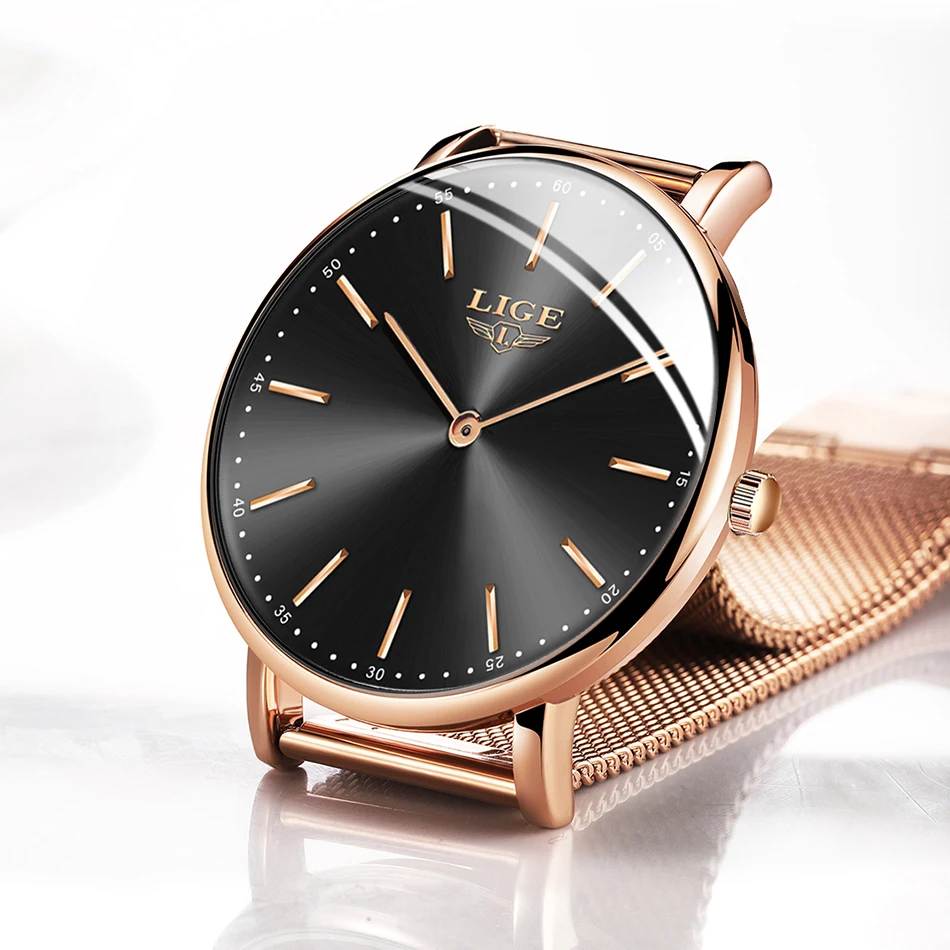 LIGE тонкий розовое золото сетка нержавеющая сталь часы для женщин Лидирующий бренд Роскошные модные часы женские наручные часы леди Relogio Feminino