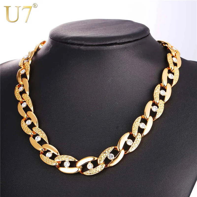 

U7 Hot Product HipHop Big Chain For Men/Women Gold Color Rhinestone 14MM Chunky Choker Necklace 2017 New Kpop Jewelry N003