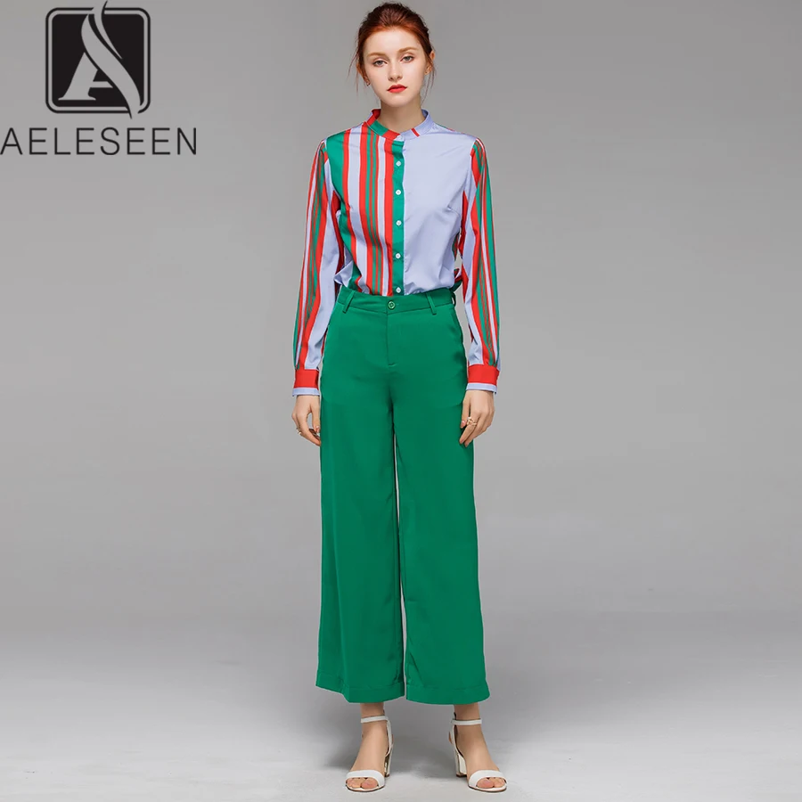 

AELESEEN New Design Casual Twinset Office Women Summer 2019 Light Blue Vertical Stripes Blouse Tops + Green Bell-Bottomed Pants